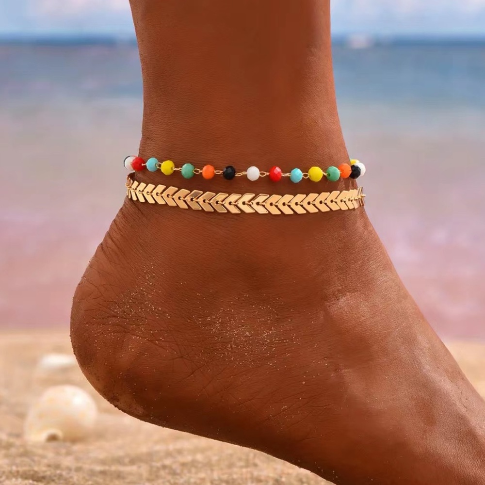 Double Layers Chain Anklet With Colorful Beads| Gold Plated Ankle Bracelet Set